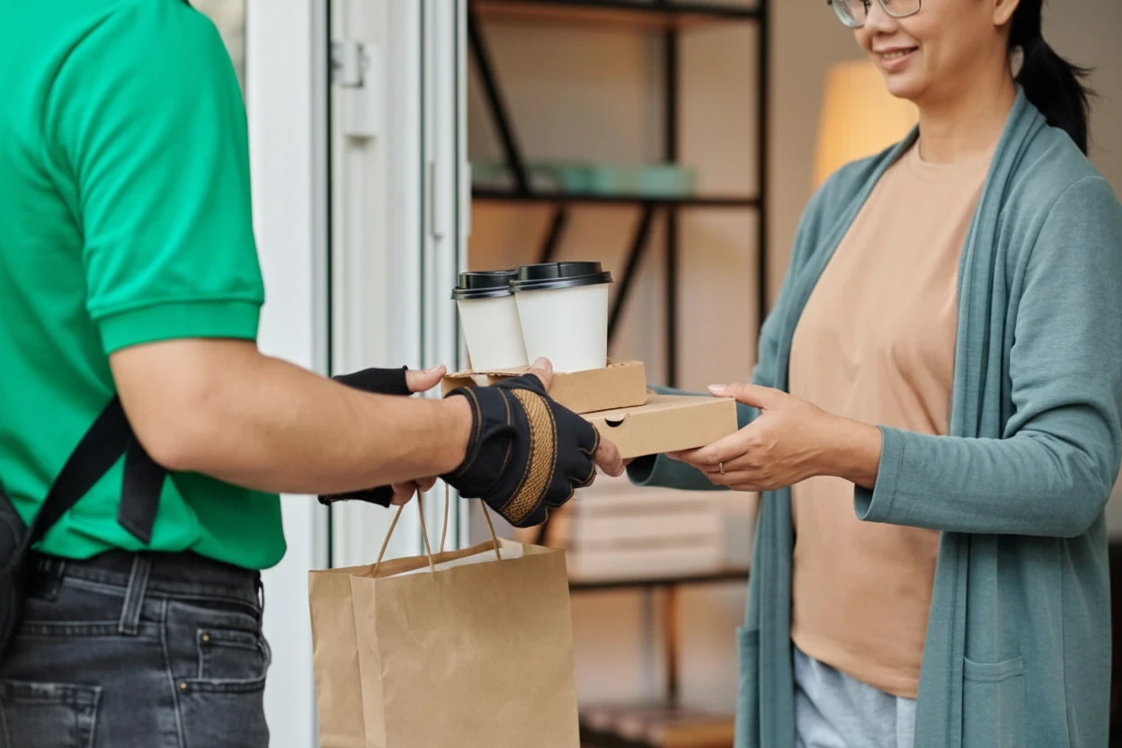 Restaurant takeaway order being handed to a delivery courier
